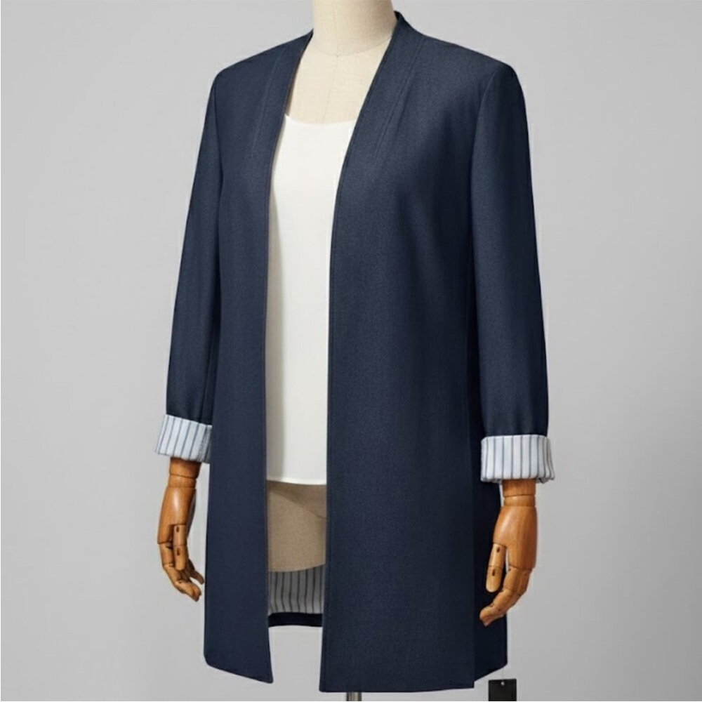Elegant Sophisticated Navy Women's Tahari Coat Striped Satin Lining Size 14 - Picture 3 of 7